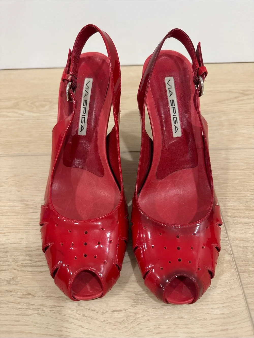Via Spiga Red Patent Peep-Toe Slingback Heels with Cutout Perforation